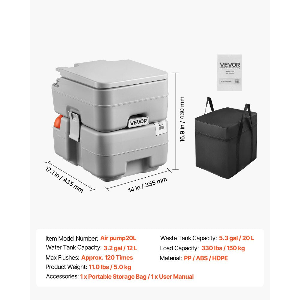 VEVOR Portable Toilet, 5.3 Gallon Detachable Waste Tank, 120 Flushes, Camping Toilet for Adults, Outdoor Travel Potty with Level Indicator, Carry Bag, Suitable for RV Travel, Camping, Hiking, Boating