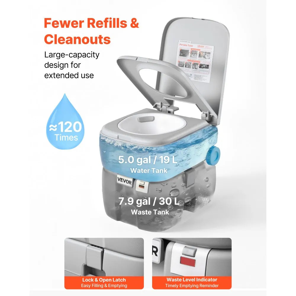 VEVOR Portable Toilet, 7.9 Gallon Detachable Waste Tank, 200 Flushes, Camping Toilet for Adults, Outdoor Travel Potty with Level Indicator, Suitable for RV Travel, Camping, Hiking, Boating and Trips