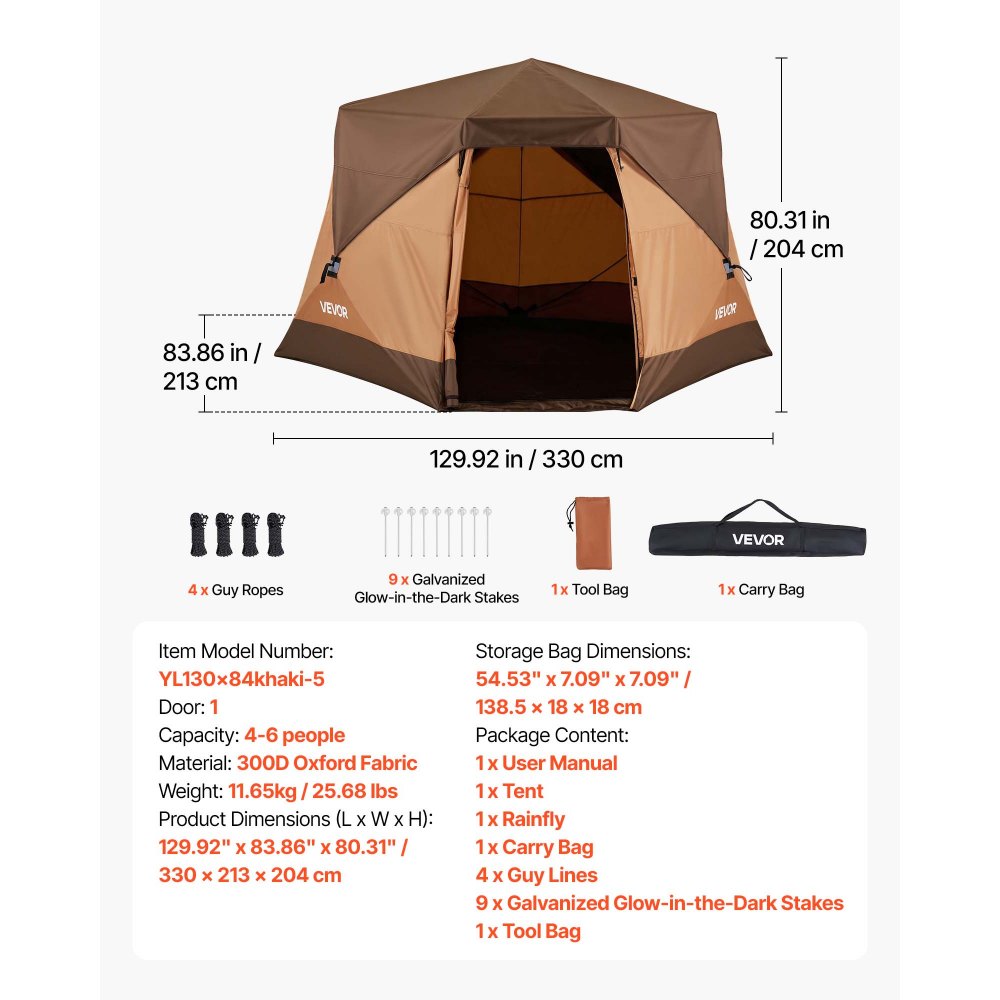 VEVOR Camping Tent, 6 Person Pop Up Instant Cabin Tent with Rainfly & Large Mesh Windows, 60 Seconds Easy Setup, Portable Waterproof Cabin Hub Tents with Carry Bag for Family Outdoor Camping & Hiking