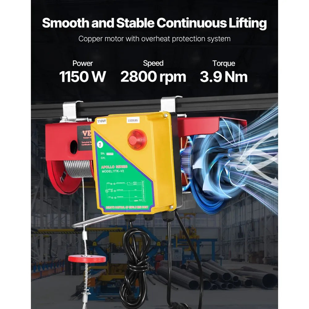 VEVOR Electric Hoist, 1320 lbs Lifting Capacity, 1150W 110V Electric Steel Wire Winch with Wireless Remote Control, 40ft Single Cable Lifting Height & Pure Copper Motor, for Garage Warehouse Factory
