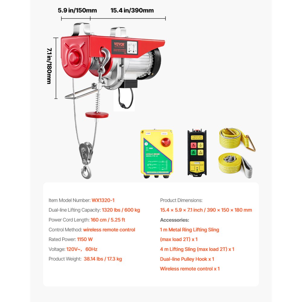 VEVOR Electric Hoist, 1320 lbs Lifting Capacity, 1150W 110V Electric Steel Wire Winch with Wireless Remote Control, 40ft Single Cable Lifting Height & Pure Copper Motor, for Garage Warehouse Factory