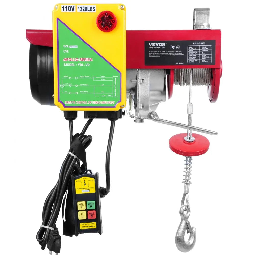 VEVOR Electric Hoist, 1320 lbs Lifting Capacity, 1150W 110V Electric Steel Wire Winch with Wireless Remote Control, 40ft Single Cable Lifting Height & Pure Copper Motor, for Garage Warehouse Factory