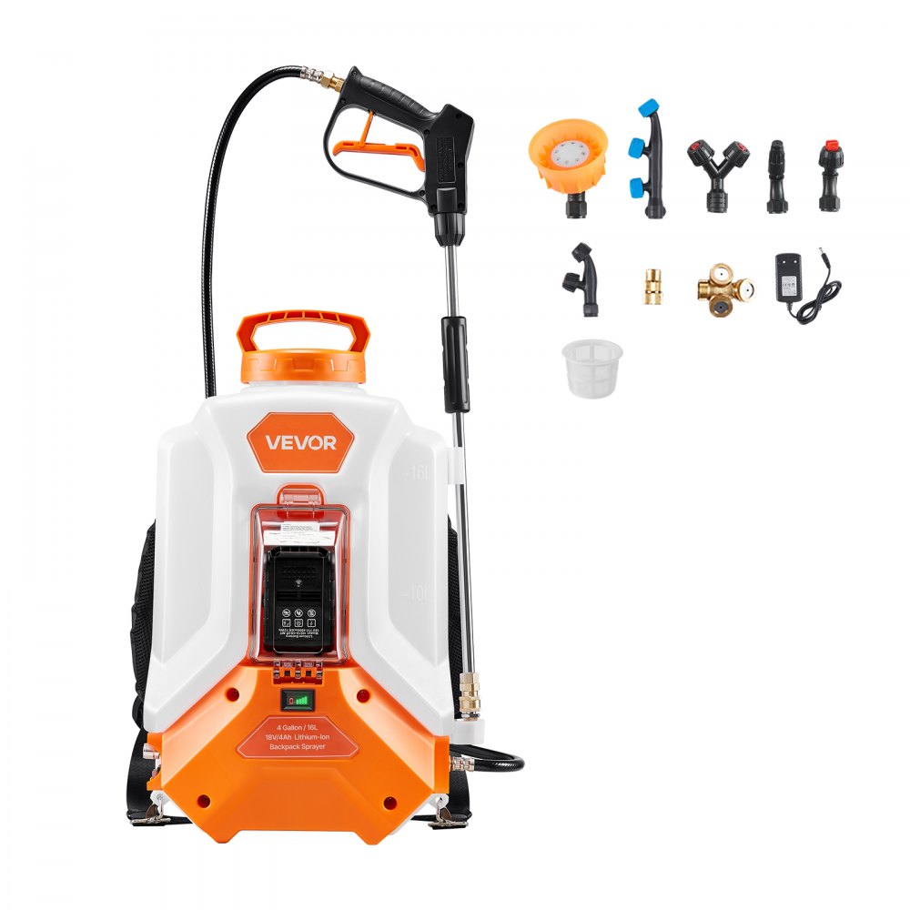 VEVOR Battery Powered Backpack Sprayer, 4 Gallons Electric Backpack Sprayer, 2 Wands & 8 Nozzles, Adjustable 0-90 PSI, 4H Runtime, Portable Yard Garden Lawn Sprayers for Weeding Spraying Cleaning