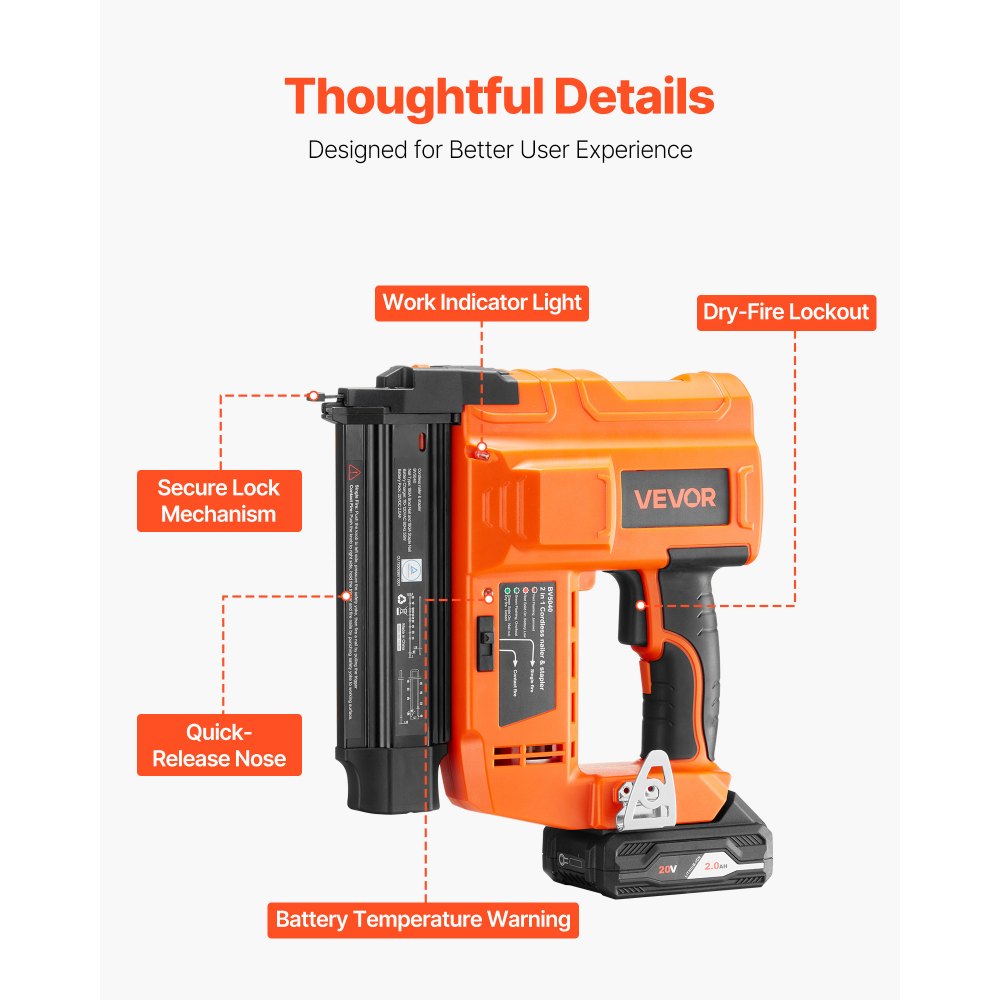 VEVOR 2-in-1 Cordless Brad Nailer, 18 Gauge, 20V Battery Powered Nail Gun and Staple Gun, with 500 pcs Nails, 500 pcs Staples, 2 x 2.0 Ah Li-ion Batteries, Charger, for Home Improvement, Woodworking