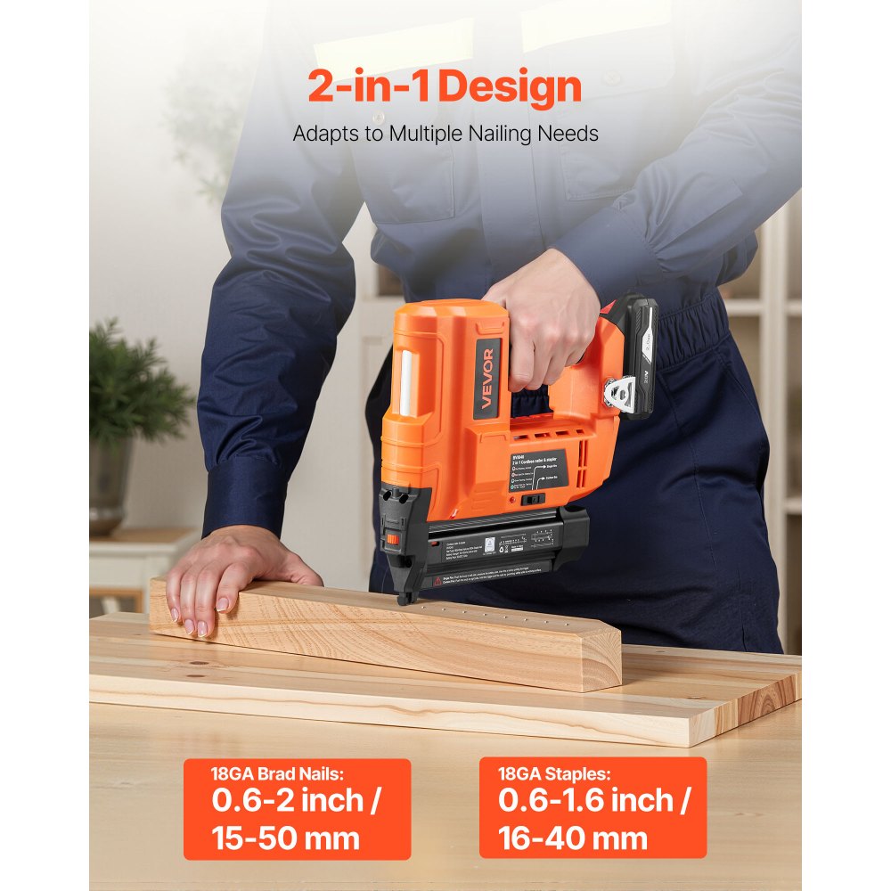 VEVOR 2-in-1 Cordless Brad Nailer, 18 Gauge, 20V Battery Powered Nail Gun and Staple Gun, with 500 pcs Nails, 500 pcs Staples, 2.0 Ah Li-ion Battery and Charger, for Home Improvement, Woodworking