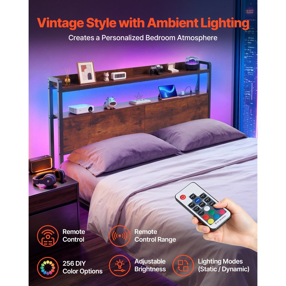 VEVOR Headboard for Full Size Bed, with 2 Storage Shelves, LED Light, 3 Outlets, and 3 USB Ports, Sturdy and Stable Carbon Steel Frame Head Board with Charging Station, Adjustable Height, Black