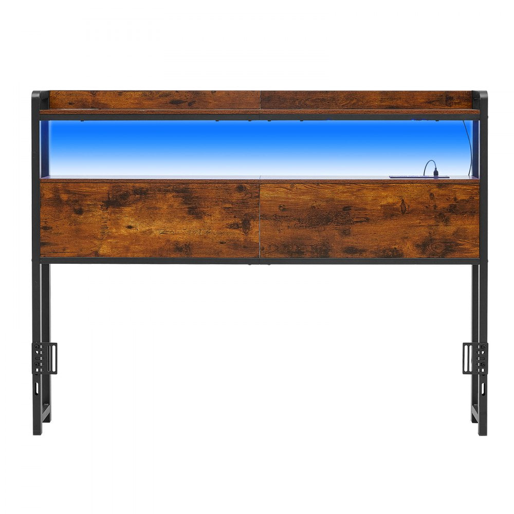 VEVOR Headboard for Full Size Bed, with 2 Storage Shelves, LED Light, 3 Outlets, and 3 USB Ports, Sturdy and Stable Carbon Steel Frame Head Board with Charging Station, Adjustable Height, Black