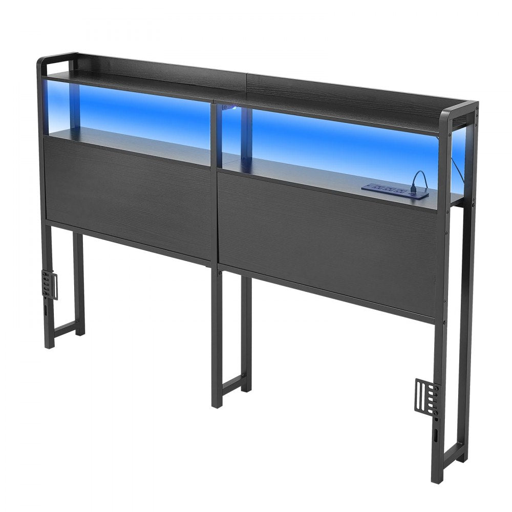 VEVOR Headboard for Queen Size Bed, with 2 Storage Shelves, LED Light, 3 Outlets, and 3 USB Ports, Sturdy and Stable Carbon Steel Frame Head Board with Charging Station, Adjustable Height, Black