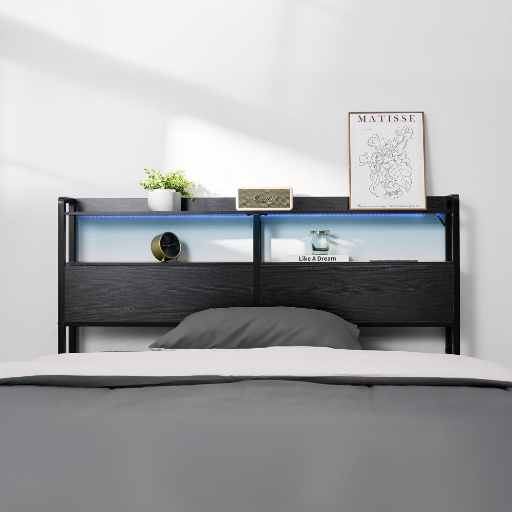 VEVOR Headboard for Queen Size Bed, Adjustable Height Headboard with 2 Shelves Storage, Freestanding Head Board with Charging Station and LED Light for Different Bed Frames, Easy Assembly, Black