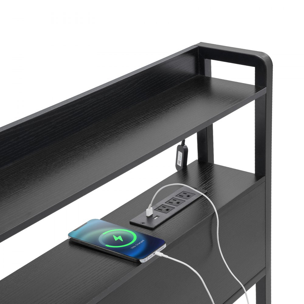 VEVOR Headboard for Queen Size Bed, Adjustable Height Headboard with 2 Shelves Storage, Freestanding Head Board with Charging Station and LED Light for Different Bed Frames, Easy Assembly, Black