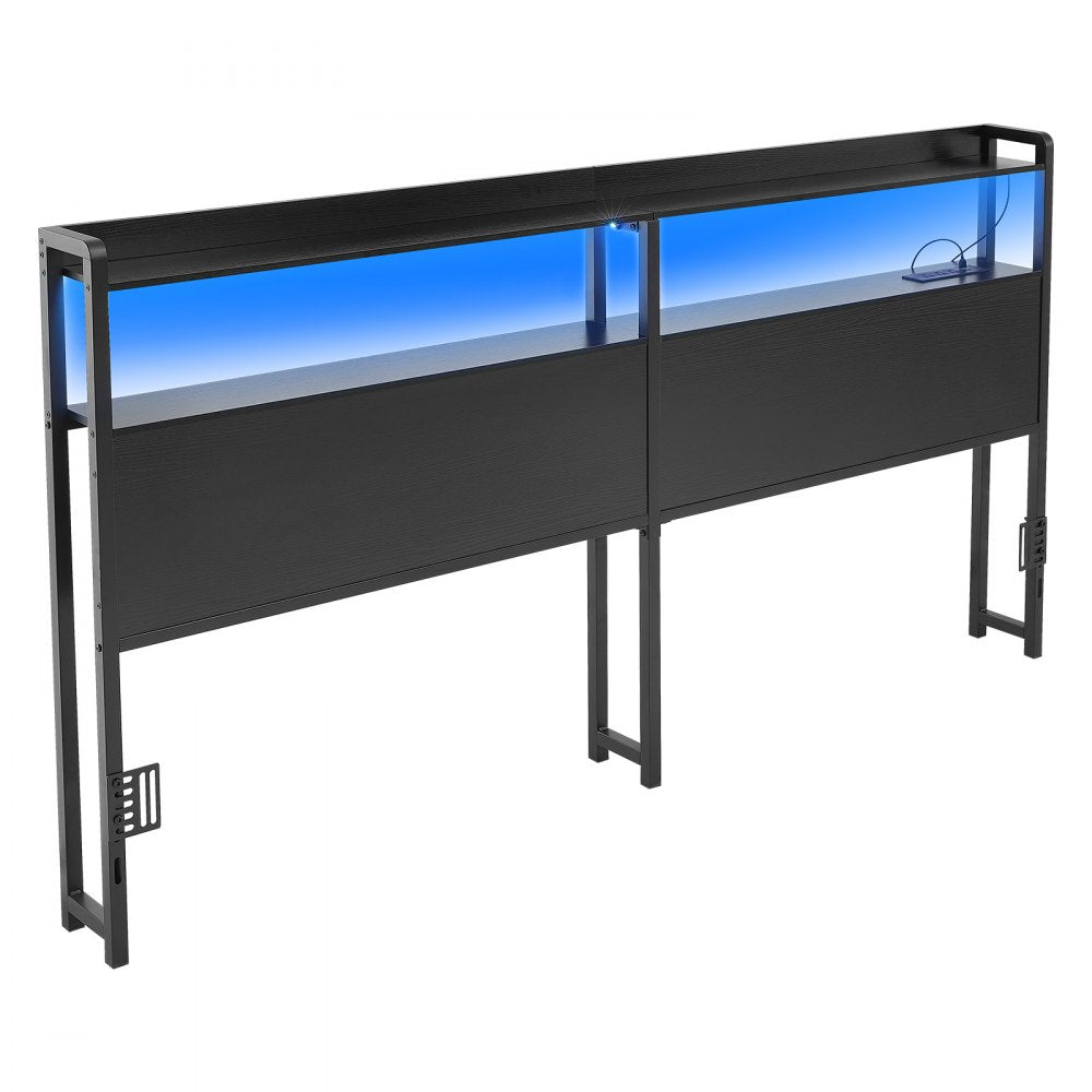VEVOR Headboard for King Size Bed, with 2 Storage Shelves, LED Light, 3 Outlets, and 3 USB Ports, Sturdy and Stable Carbon Steel Frame Head Board with Charging Station, Adjustable Height, Black