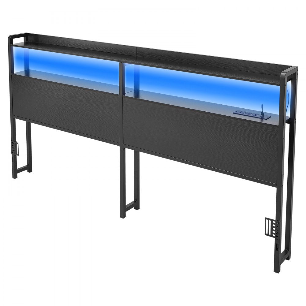 VEVOR Headboard for King Size Bed, with 2 Storage Shelves, LED Light, 3 Outlets, and 3 USB Ports, Sturdy and Stable Carbon Steel Frame Head Board with Charging Station, Adjustable Height, Black
