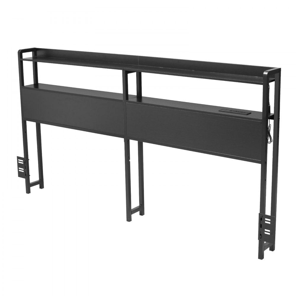 VEVOR Headboard for King Size Bed, Adjustable Height Headboard with 2 Shelves Storage, Freestanding Head Board with Charging Station and LED Light for Different Bed Frames, Easy Assembly, Black