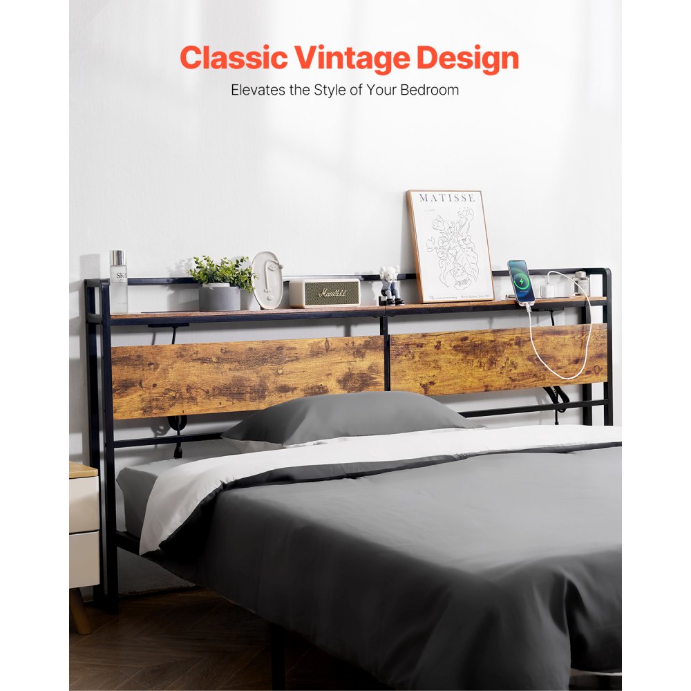 VEVOR Headboard for King Size Bed, Adjustable Height Headboard with Storage Shelf, King Size Freestanding Head Board with Outlets and USB Port for Different Bed Frames, Easy Assembly, Black and Brown