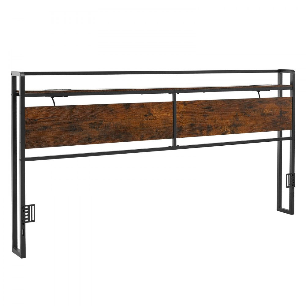 VEVOR Headboard for King Size Bed, with Storage Shelf, 2 Outlets, 1 USB and 1 Type-C Port, Sturdy and Stable Carbon Steel Frame Head Board with Charging Station, Adjustable Height, Black and Brown