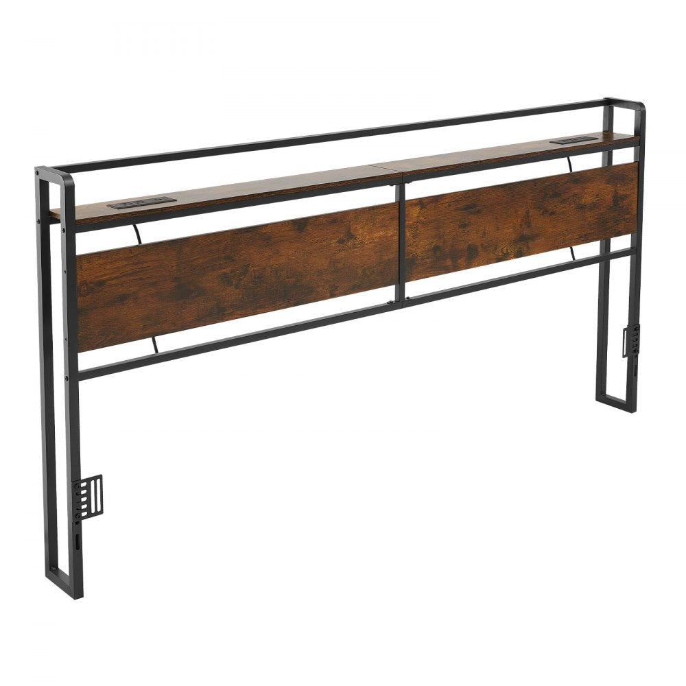 VEVOR Headboard for King Size Bed, with Storage Shelf, 2 Outlets, 1 USB and 1 Type-C Port, Sturdy and Stable Carbon Steel Frame Head Board with Charging Station, Adjustable Height, Black and Brown