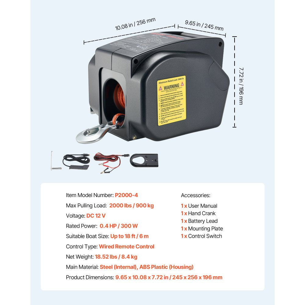 VEVOR Electric Boat Winch, 12V DC 300W, Reversible Electric Trailer Winch for Boats Up to 2000 lbs, Power-in, Power-Out, and Freewheel Operations for Boats with Wired Remote Control & Hand Crank
