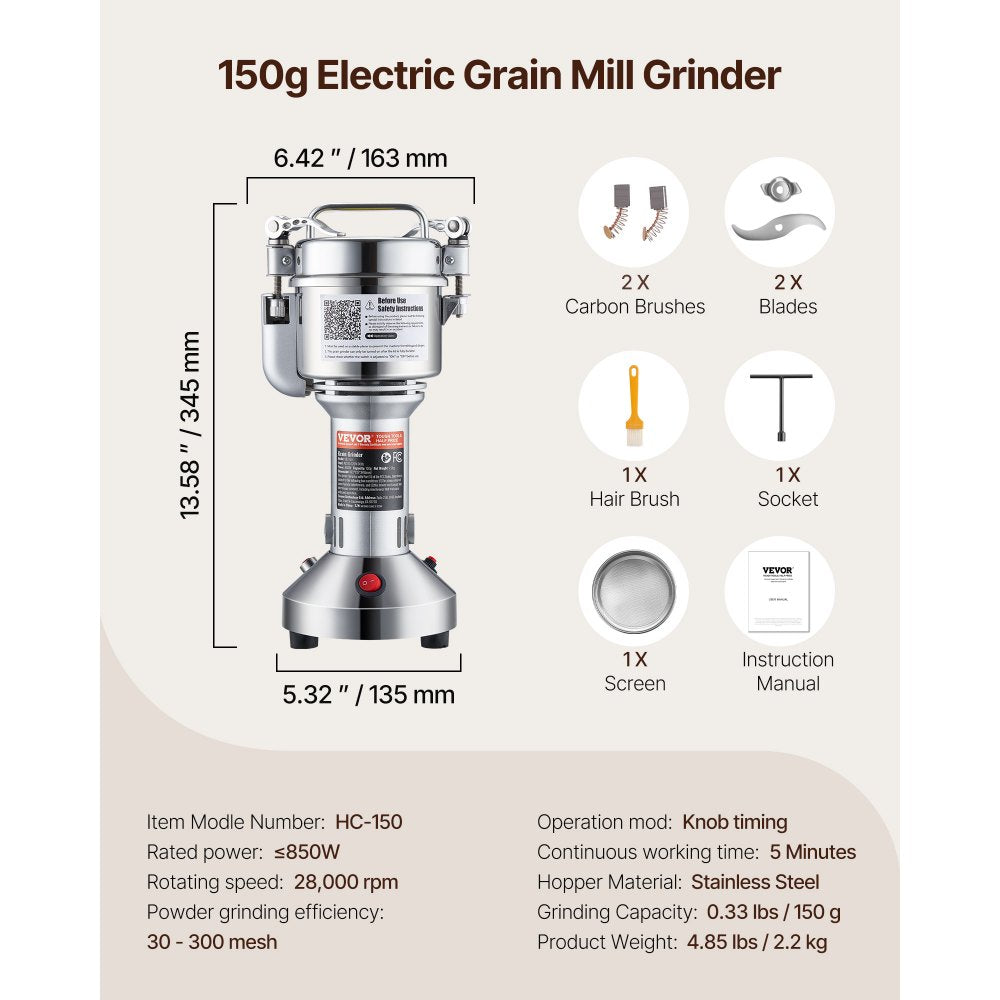 VEVOR 150g Electric Grain Mill Grinder, High Speed 850W Commercial Spice Grinders, Stainless Steel Pulverizer Powder Machine, for Dry Grains Spices Cereals Coffee Corn Pepper, Straight Type