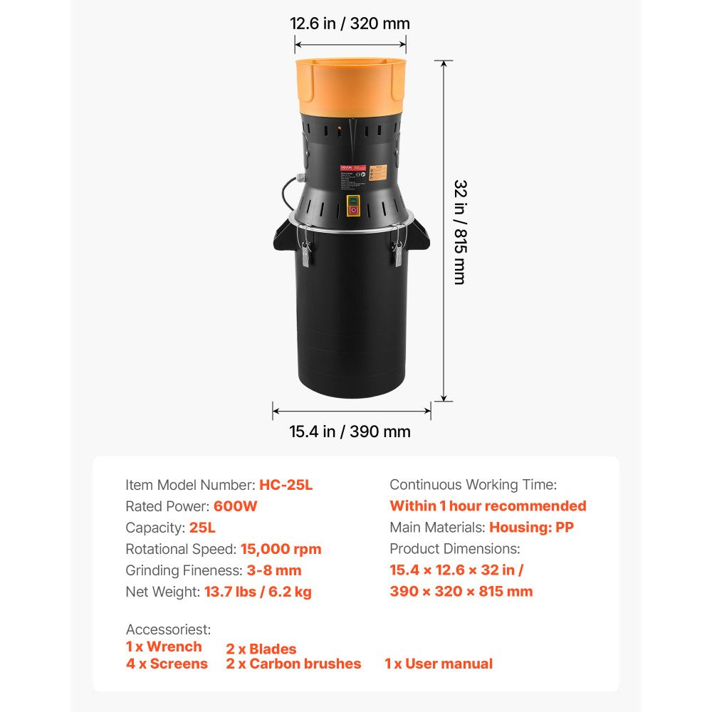 VEVOR Electric Grain Mill Grinder, 600W High Power Commercial Spice Grinder, 6.6 Gal Pulverizer Powder Machine with Galvanized Sharp Blades, for Dry Grains, Spices, Cereals, Coffee, Corn & Pepper