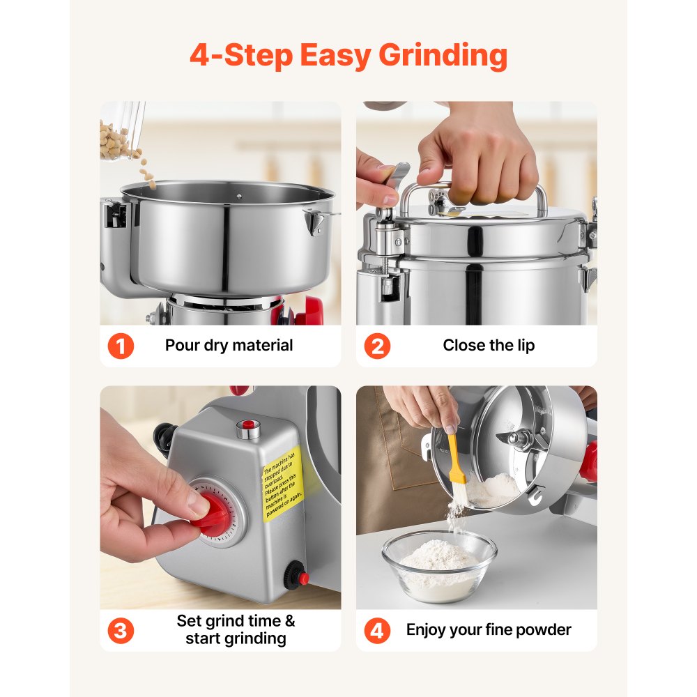 VEVOR 2500g Electric Grain Mill Grinder, 3400W 32000RPM High Speed Spice Corn Dry Grinding Machine, Stainless Steel Pulverizer Powder Machine for Dried Grains Coffee Beans Spices Nuts (270° Swing Type)