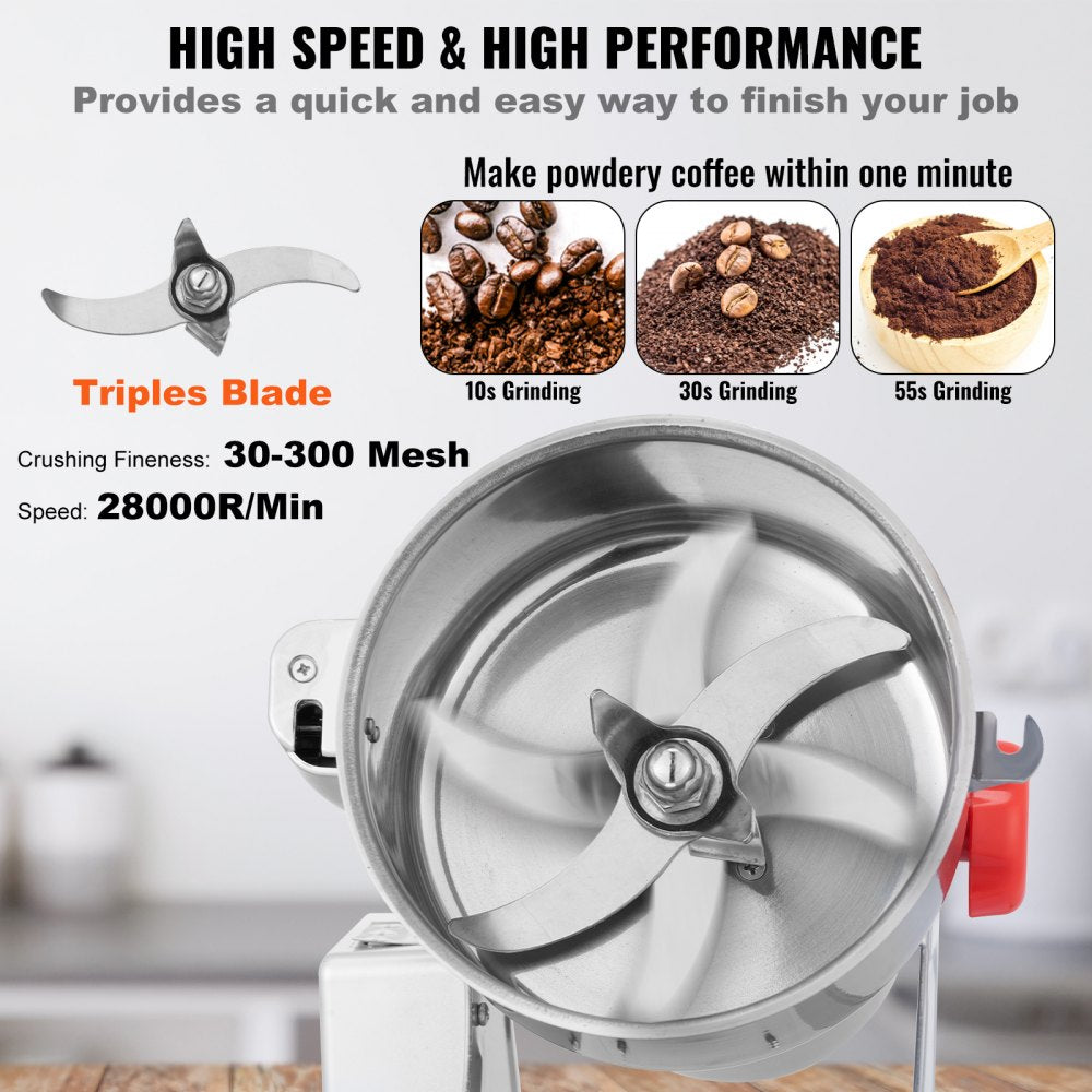 VEVOR 300g Electric Grain Mill Grinder, High Speed 1500W Commercial Spice Grinders, Stainless Steel Pulverizer Powder Machine, for Dry Grains Spices Cereals Coffee Corn Pepper, Swing Type