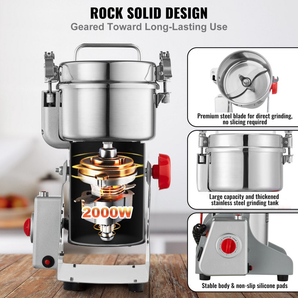 VEVOR 500g Electric Grain Mill Grinder, High Speed 2000W Commercial Spice Grinders, Stainless Steel Pulverizer Powder Machine, for Dry Grains Spices Cereals Coffee Corn Pepper, Swing Type