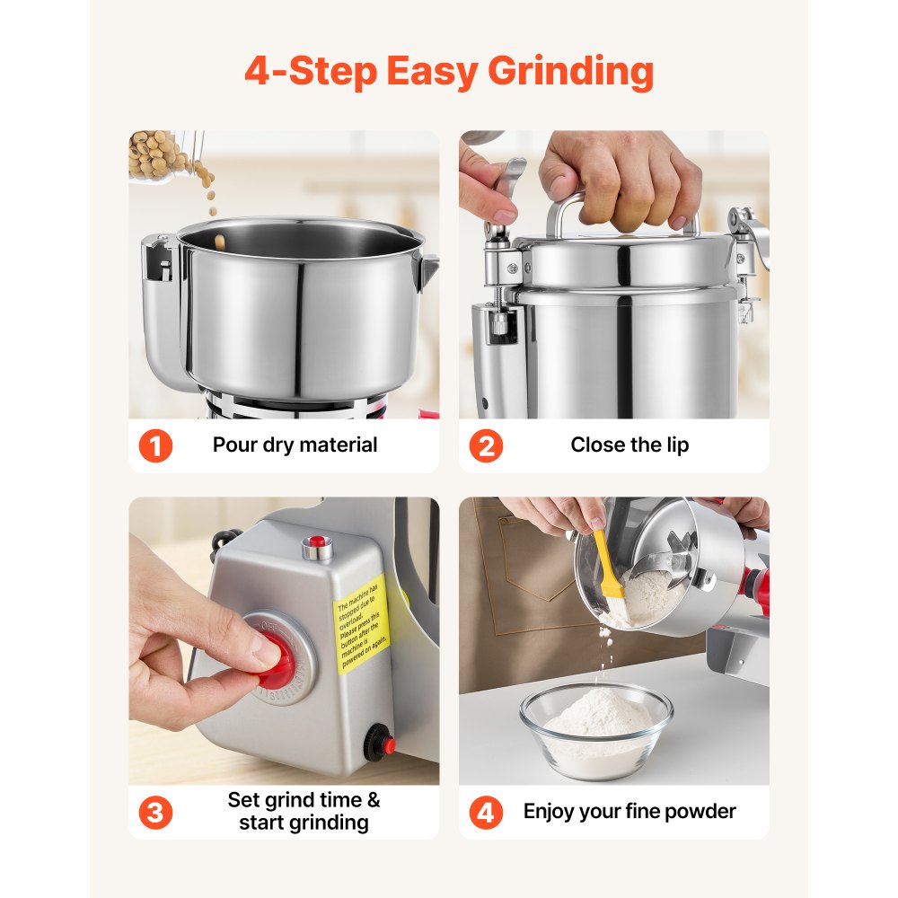VEVOR 500g Electric Grain Mill Grinder, 2000W 28000RPM High Speed Spice Corn Dry Grinding Machine, Stainless Steel Pulverizer Powder Machine for Dried Grains Coffee Beans Spices Nuts (270° Swing Type)