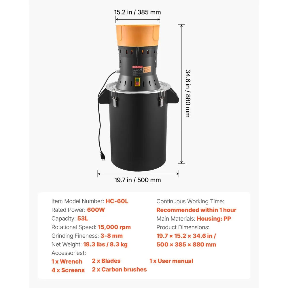 VEVOR Electric Grain Mill Grinder, 600W High Power Commercial Spice Grinder, 14 Gal Pulverizer Powder Machine with Galvanized Sharp Blades, for Dry Grains, Spices, Cereals, Coffee, Corn & Pepper