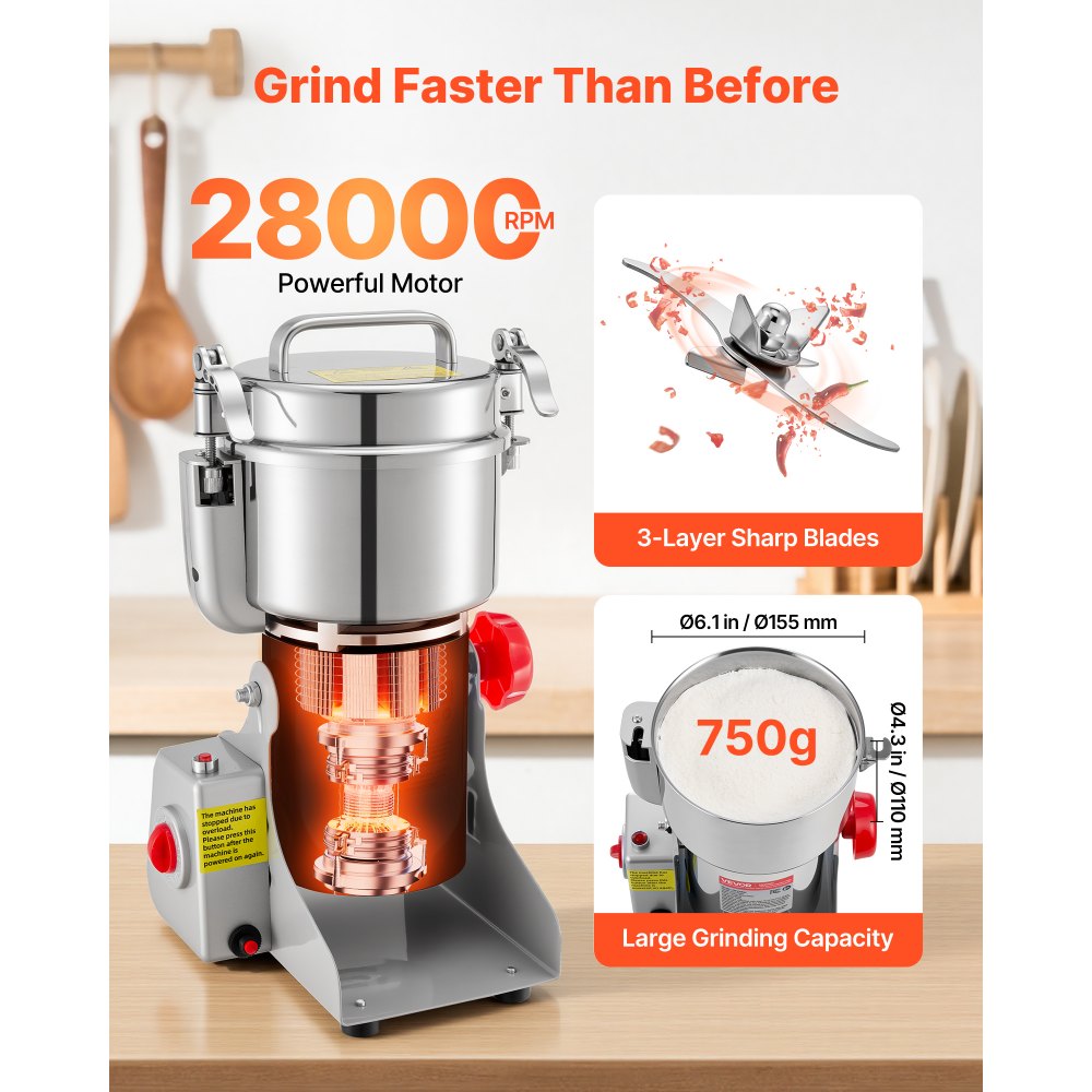 VEVOR 750g Electric Grain Mill Grinder, 2000W 28000RPM High Speed Spice Corn Dry Grinding Machine, Stainless Steel Pulverizer Powder Machine for Dried Grains Coffee Beans Spices Nuts (270° Swing Type)