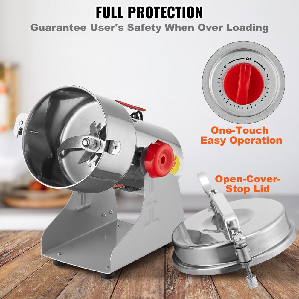 VEVOR 750g Electric Grain Mill Grinder, High Speed 2000W Commercial Spice Grinders, Stainless Steel Pulverizer Powder Machine, for Dry Grains Spices Cereals Coffee Corn Pepper, Swing Type