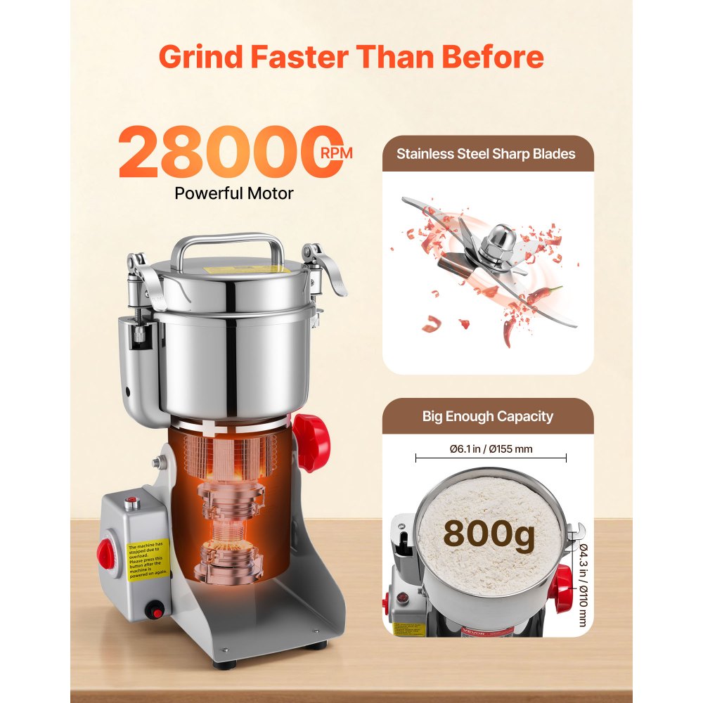 VEVOR Electric Grain Mill Grinder, 1.8 lbs Commercial Spice Grinders, High Speed 2100W Stainless Steel Pulverizer Powder Machine, for Dry Grains, Spices, Cereals, Coffee, Corn & Pepper, Swing Type