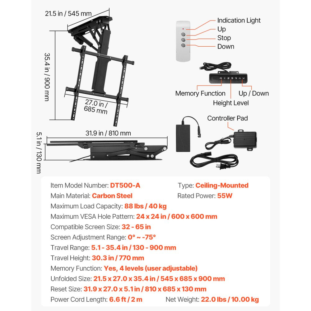 VEVOR Motorized Ceiling TV Mount, TV Wall Mount for 32 to 65 Inch TV, Electric Adjustable Ceiling TV Mount, Motorized Flip Down TV Mount Bracket with Max VESA 24 x 24 in, Fits TVs Up to 88 lbs