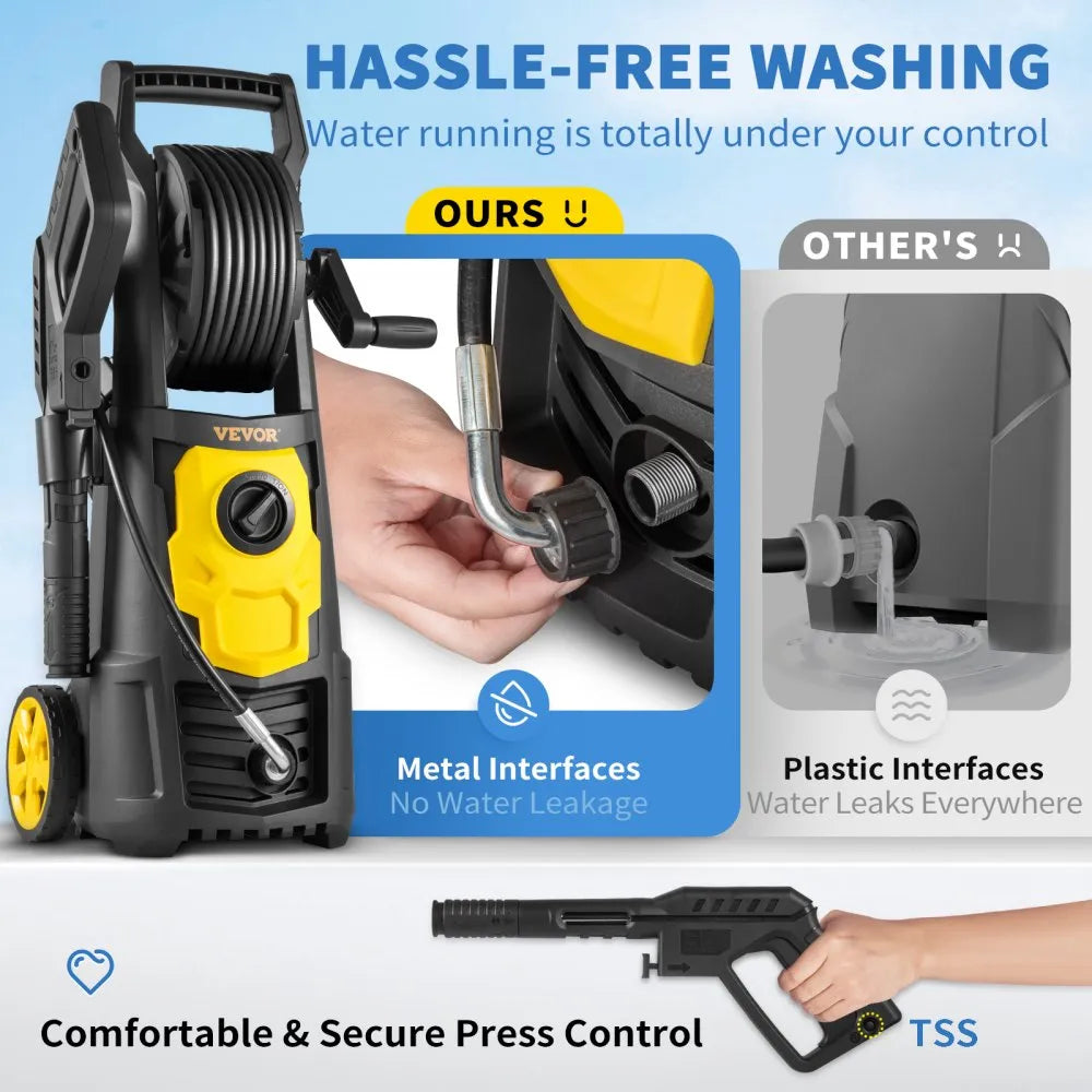 VEVOR Electric Pressure Washer, 2000 PSI, Max 1.65 GPM Power Washer with 30 ft Hose & Reel, 5 Quick Connect Nozzles, Foam Cannon, Portable to Clean Patios, Cars, Fences, Driveways, ETL Listed