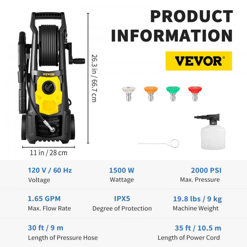 VEVOR Electric Pressure Washer, 2000 PSI, Max 1.65 GPM Power Washer with 30 ft Hose & Reel, 5 Quick Connect Nozzles, Foam Cannon, Portable to Clean Patios, Cars, Fences, Driveways, ETL Listed