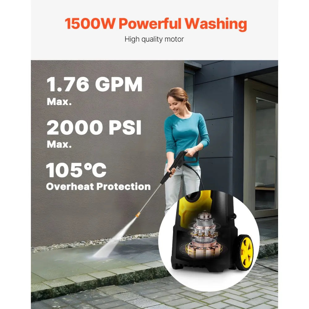 VEVOR Electric Pressure Washer, 2000 PSI, Max. 1.76 GPM Power Washer with 30 ft Hose, 5 Quick Connect Nozzles, Foam Cannon, Portable to Clean Patios, Cars, Fences, Driveways, ETL Listed