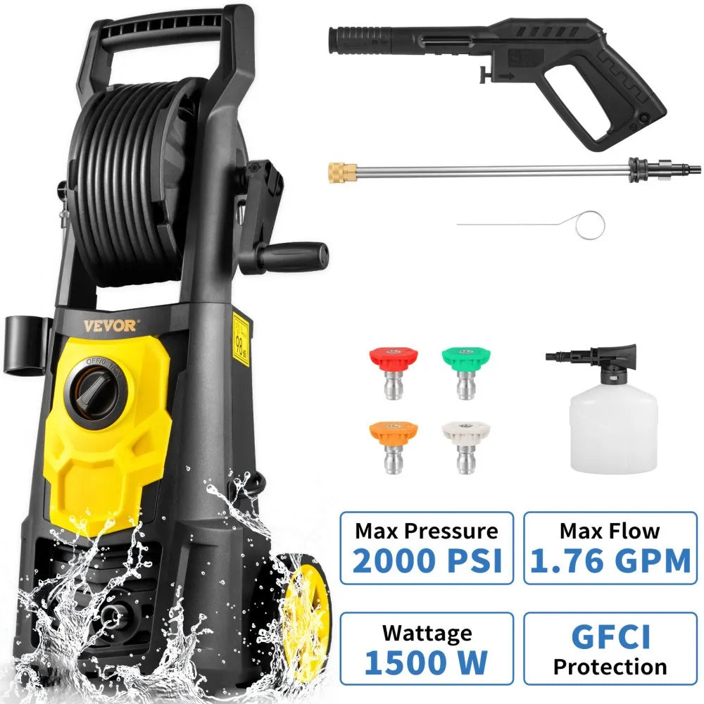 VEVOR Electric Pressure Washer, 2000 PSI, Max. 1.76 GPM Power Washer with 30 ft Hose, 5 Quick Connect Nozzles, Foam Cannon, Portable to Clean Patios, Cars, Fences, Driveways, ETL Listed