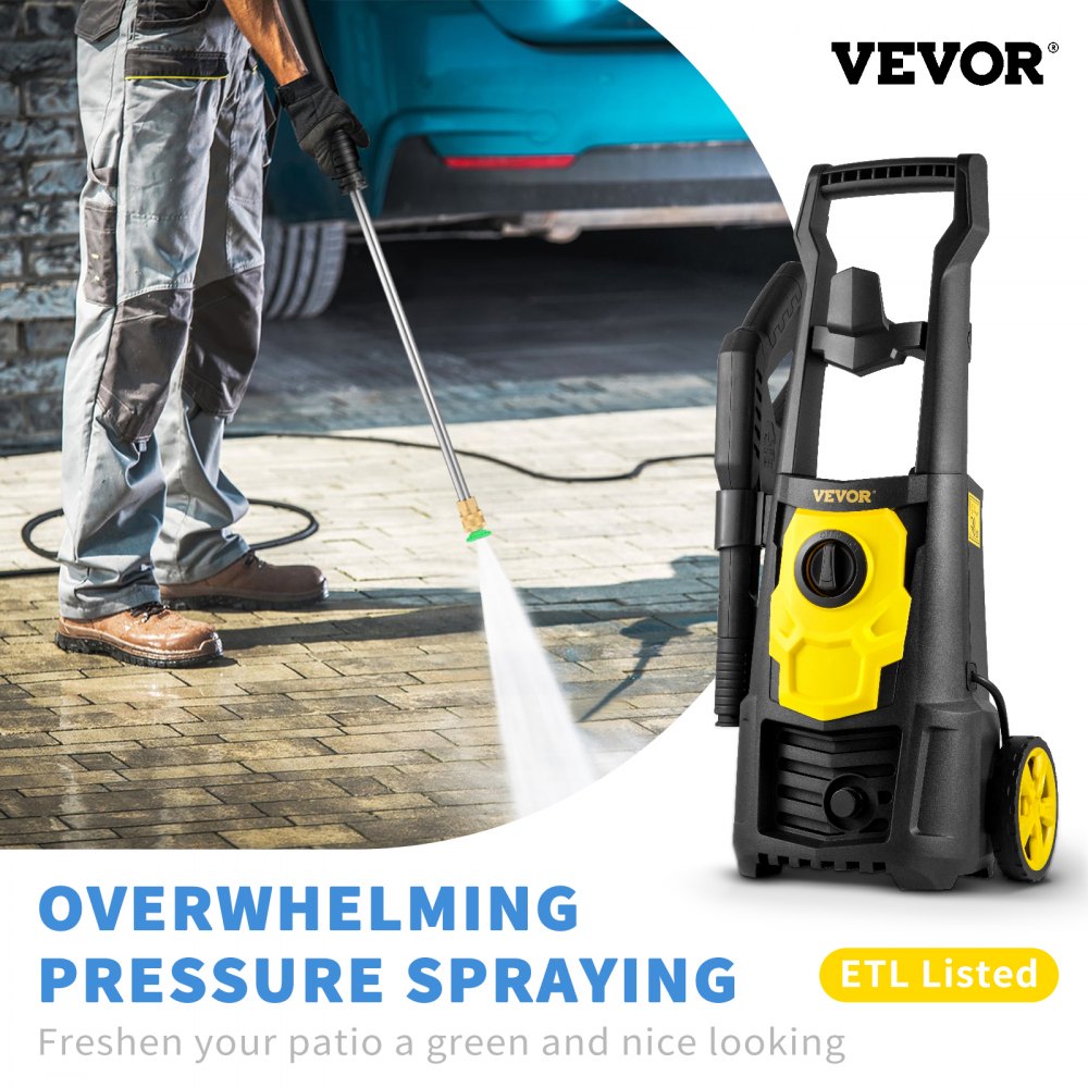 VEVOR Electric Pressure Washer, 2000 PSI, Max. 1.76 GPM Power Washer with 30 ft Hose, 5 Quick Connect Nozzles, Foam Cannon, Portable to Clean Patios, Cars, Fences, Driveways, ETL Listed