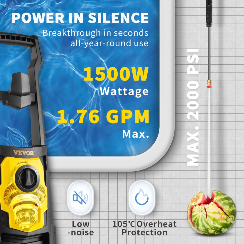 VEVOR Electric Pressure Washer, 2000 PSI, Max. 1.76 GPM Power Washer with 30 ft Hose, 5 Quick Connect Nozzles, Foam Cannon, Portable to Clean Patios, Cars, Fences, Driveways, ETL Listed