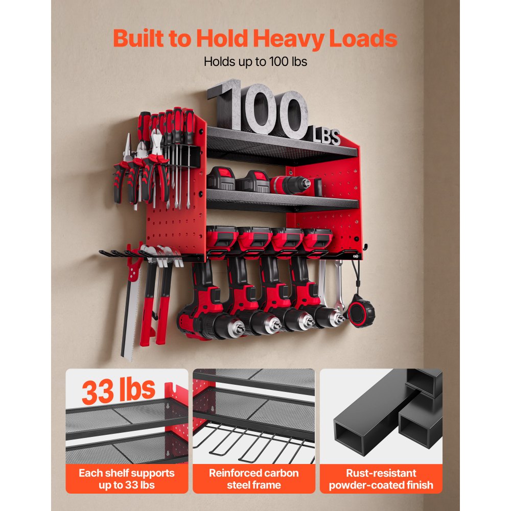 VEVOR Power Tool Organizer Wall Mount, 3-Layer Storage Rack with 4 Drill Holders, Tools Holder and Storage Rack with Side Pegboards, Garage Tool Organizer for Garage, Workbench, and Workshop