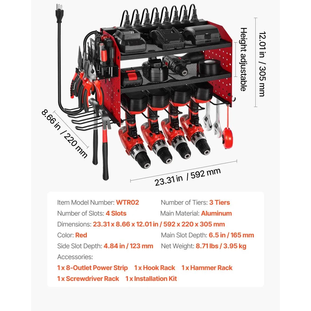 VEVOR Power Tool Organizer with Charging Station, 3-Layer Drill Storage Rack with 4 Drill Holders & Side Pegboard, Garage Tool Organizer Built in 8 Outlet Power Strips for Garage, Workbench, Workshop