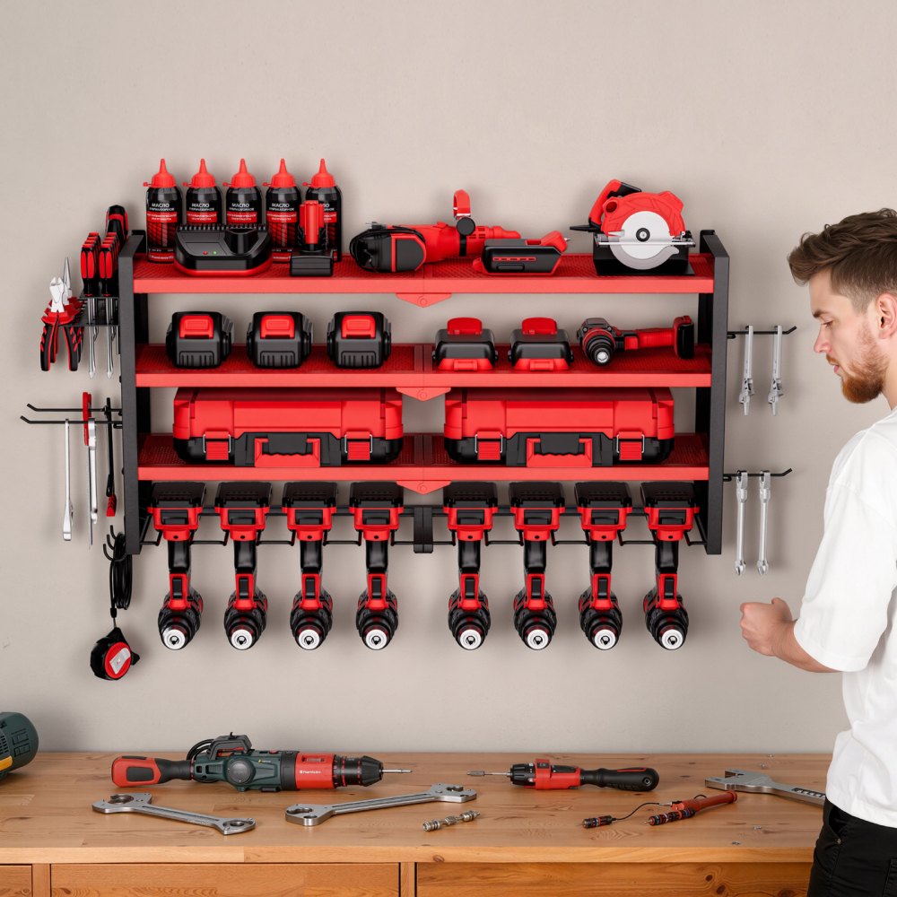 VEVOR Power Tool Organizer Wall Mount, 4-Layer Storage Rack with 8 Drill Holders, Tools Holder and Storage Rack with Side Pegboards, Garage Tool Organizer for Garage, Workbench, and Workshop
