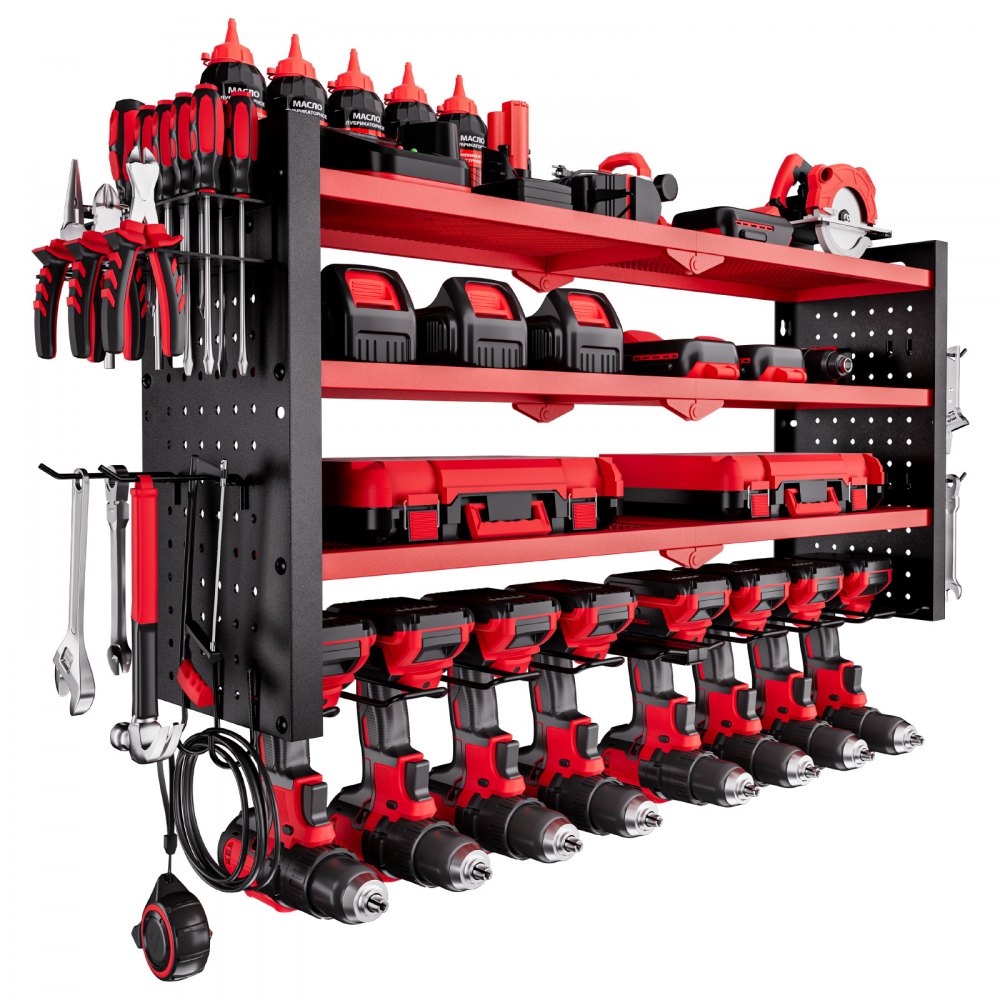 VEVOR Power Tool Organizer Wall Mount, 4-Layer Storage Rack with 8 Drill Holders, Tools Holder and Storage Rack with Side Pegboards, Garage Tool Organizer for Garage, Workbench, and Workshop