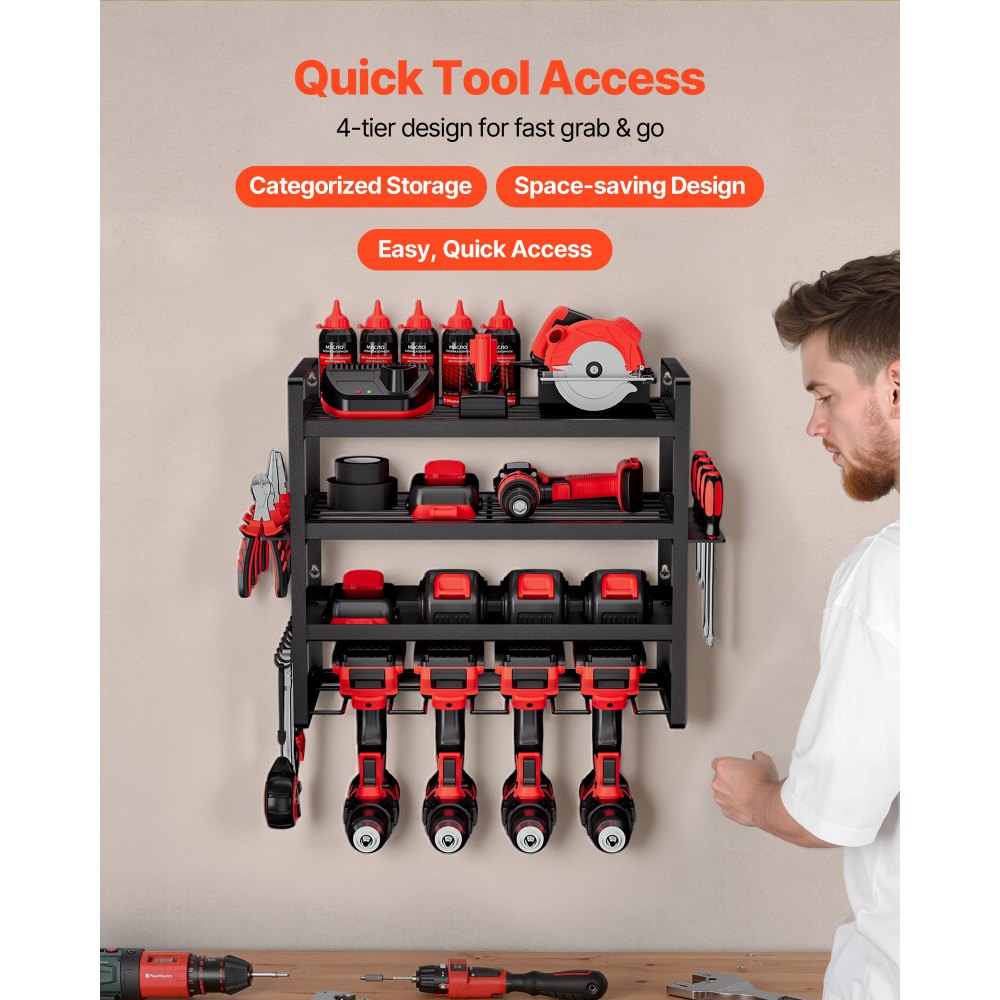 VEVOR Power Tool Organizer Wall Mount, 4-Layer Storage Rack with 4 Drill Holders, Tools Holder and Storage Rack with Screwdriver Holder, Garage Tool Organizer for Garage, Workbench, and Workshop