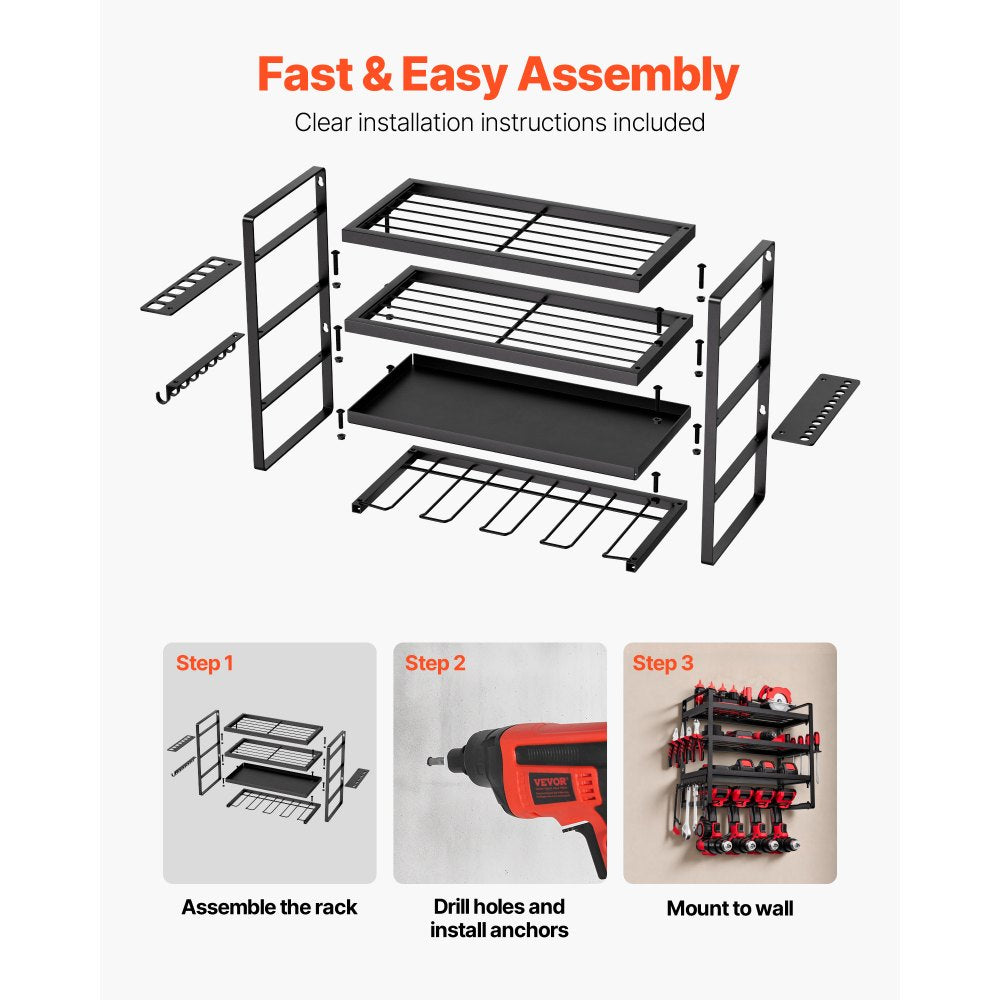VEVOR Power Tool Organizer Wall Mount, 4-Layer Storage Rack with 4 Drill Holders, Tools Holder and Storage Rack with Screwdriver Holder, Garage Tool Organizer for Garage, Workbench, and Workshop