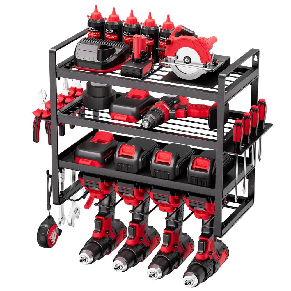 VEVOR Power Tool Organizer Wall Mount, 4-Layer Storage Rack with 4 Drill Holders, Tools Holder and Storage Rack with Screwdriver Holder, Garage Tool Organizer for Garage, Workbench, and Workshop