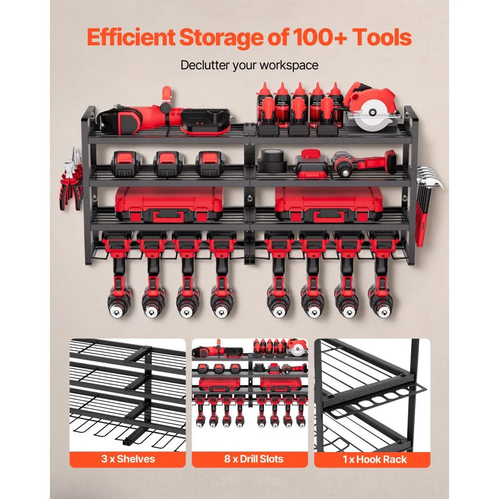 VEVOR Power Tool Organizer Wall Mount, 4-Layer Storage Rack with 8 Drill Holders, Tools Holder and Storage Rack with Screwdriver Holder, Garage Tool Organizer for Garage, Workbench, and Workshop