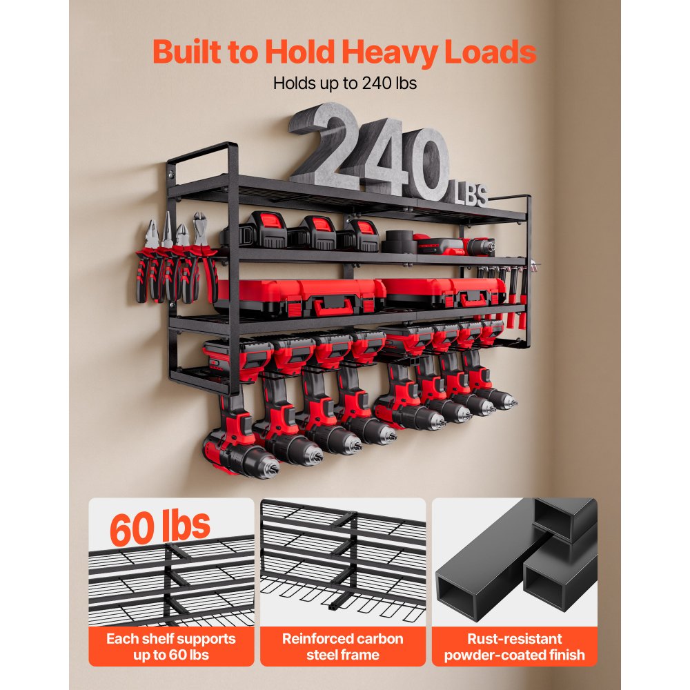 VEVOR Power Tool Organizer Wall Mount, 4-Layer Storage Rack with 8 Drill Holders, Tools Holder and Storage Rack with Screwdriver Holder, Garage Tool Organizer for Garage, Workbench, and Workshop