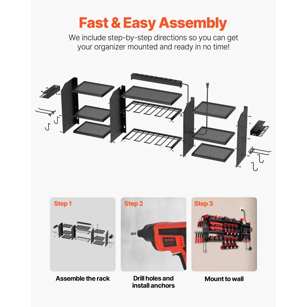VEVOR Power Tool Organizer with Charging Station, 3-Layer Power Tool Battery Storage Rack with 5.58 ft Power Strip, 8 Drill Holders & 8 Outlets, Garage Tool Organizer for Garage, Workbench, Workshop
