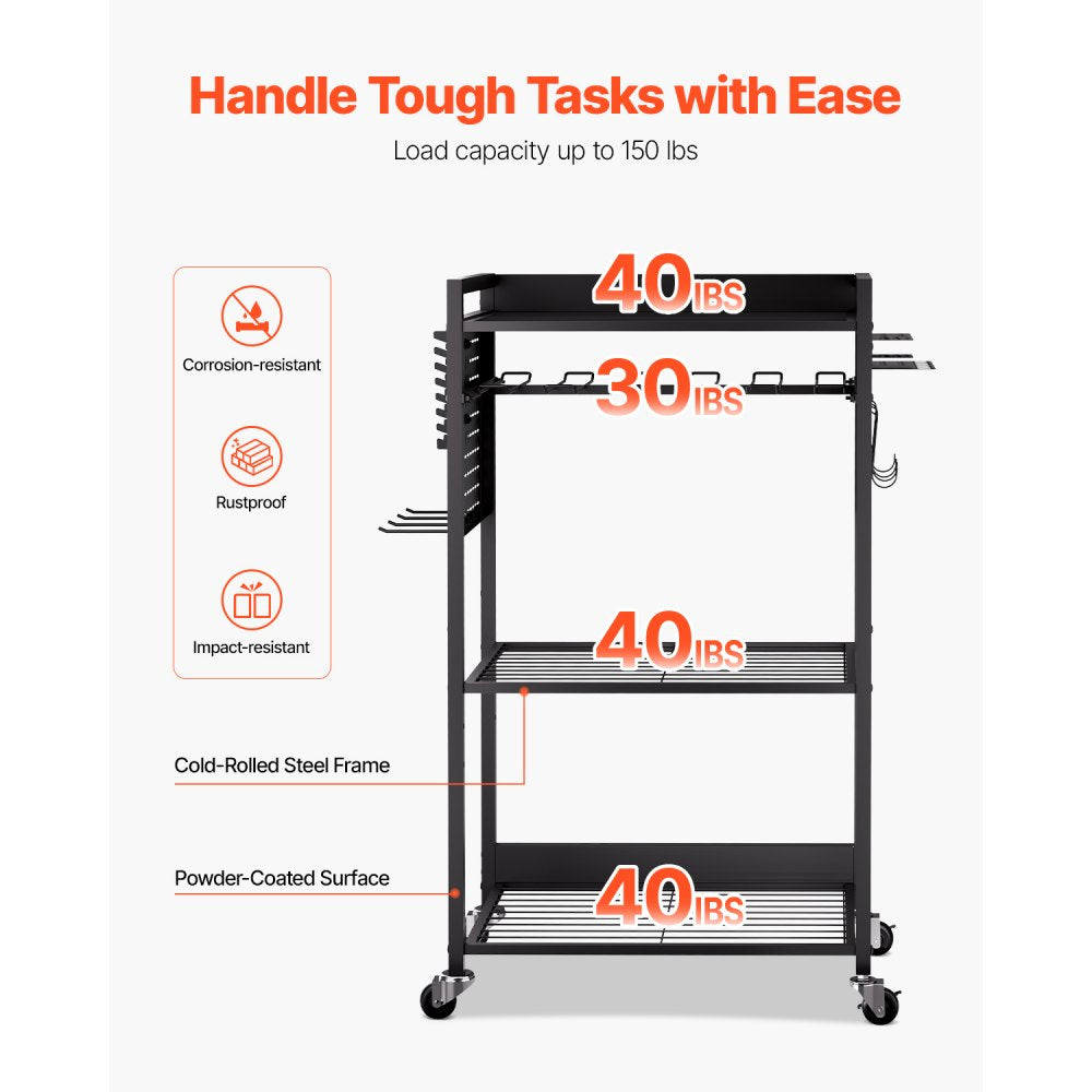 VEVOR 4-tier Tool Organizer Cart, 150 lbs Load Capacity, Floor Stand Rolling Drill Holder and Stability Storage Rack, Heavy Duty Garage Floor Rolling Storage Cart for Workshop, Garage, Black