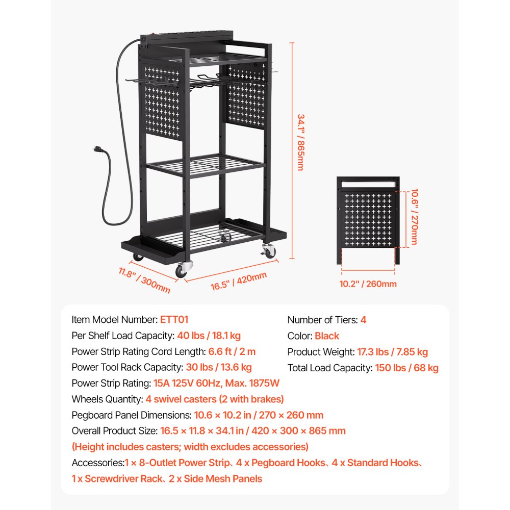 VEVOR 4-tier Tool Organizer Cart with Charging Station, 8 AC Outlet, Floor Stand Rolling Drill Holder and Tool Battery Storage Rack on Wheels, Garage Floor Rolling Storage Cart for Workshop, Garage